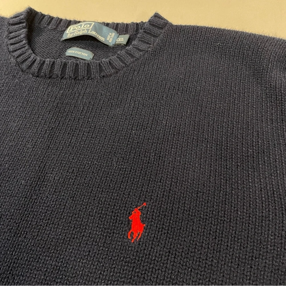 VINTAGE Polo Ralph Lauren 100% Cotton Knit Crewneck Sweater - Navy - Mens XXL